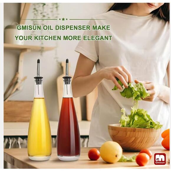 2-Pack Oil & Vinegar Dispenser Set 500ml Glass Bottles w/ Metal Pourer & Labels - Picture 4 of 7